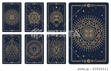 Tarot cards. Astrology arcana cards or occult ritual tattoo set. Tarot cards for divination or cartomancy with esoteric mason vector signs, line vector occult and magic symbols, satan pentagrams 92934311