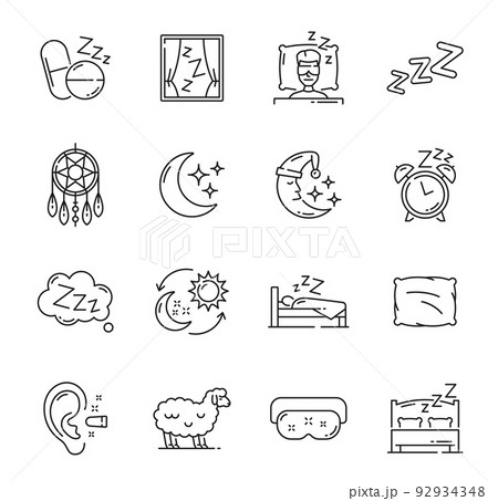 Sleep icons, night dreams and bedtime items, bed pillow, moon and bedroom vector symbols. Sleep snooze zzz linear icon with cartoon sheep, sleeping mask and ear plug, alarm clock and dream catcher 92934348