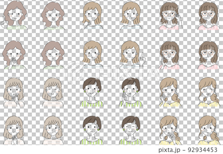 Young woman's face icon (smile, embarrassed face, surprised face) 92934453