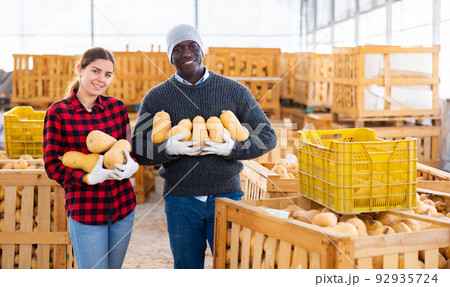 Man and young woman workers with honeynut squashes in warehouse 92935724