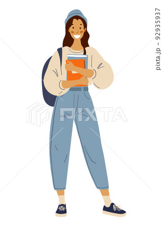 A girl with a backpack holds notebooks and textbooks in her hands. Flat cartoon female college student icon isolated on white background. Back to school, modern schoolgirl in jeans. 92935937