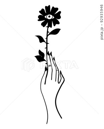 Female hand holds a mystical flower with an eye, magical boho tattoo for a witch, tarot icon, fortune telling, esoteric. Doodle symbol isolated on white background. Female hand holds a mystical flower with an eye, magical boho tattoo for a witch, tarot icon, fortune telling, esoteric. Doodle symbol isolated on white background. 92935946