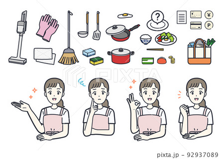 主婦をイメージした女性と家事(掃除・料理・買い物)のイラスト素材セット 主婦をイメージした女性と家事(掃除・料理・買い物)のイラスト素材セット 92937089