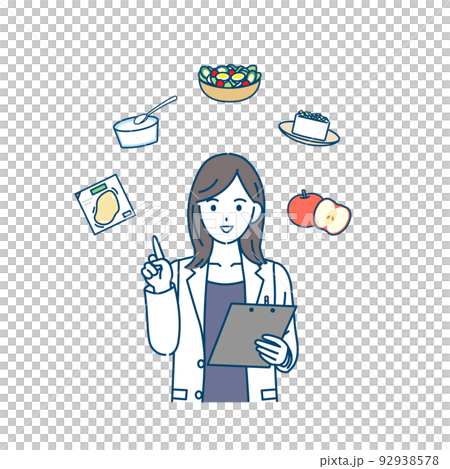 解釋適合節食的膳食 營養師 醫生 女醫生 穿著白大褂的女人的插圖 92938578