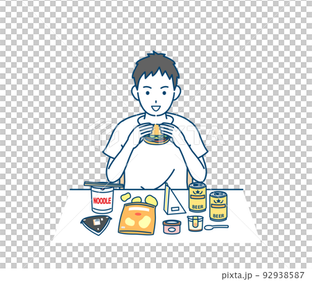 不健康な食事をとる　若い男性　暴飲暴食　過食症　ドカ食い　イラスト 92938587