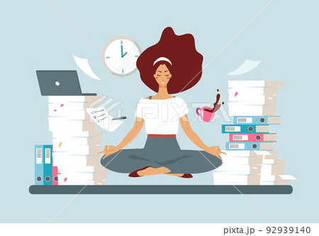Stress relief and a healthy break from work to relieve stress. The girl meditates in the lotus position on the desktop around the set of cases, yoga in the office. Flat cartoon vector illustration. 92939140