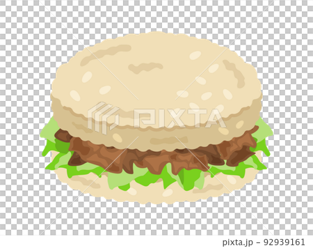 米飯漢堡配烤肉和生菜的插圖 92939161