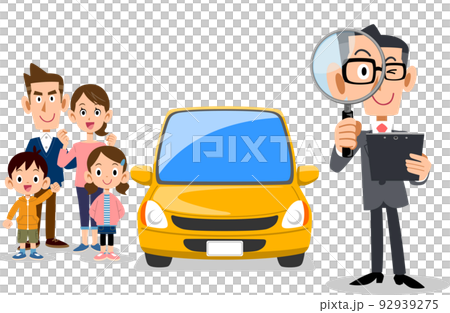 A man in a suit holding a document and looking into a magnifying glass, a car and a family 92939275