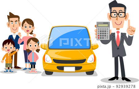 計算機を見せるスーツの男性と車と家族 計算機を見せるスーツの男性と車と家族 92939278