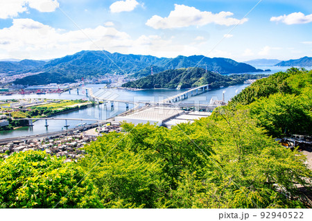 広島市東部方面の市街地遠景です。高速3号線、広島大橋のJCTが見えます。手前側はマツダの工場群です。 92940522