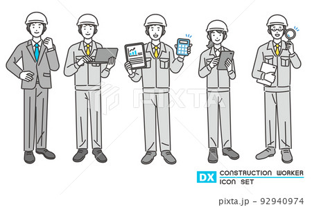 DX推進でタブレットやパソコンを持つ作業員やスーツ姿の男性のベクターイラスト素材/建築/IT/物流 DX推進でタブレットやパソコンを持つ作業員やスーツ姿の男性のベクターイラスト素材/建築/IT/物流 92940974