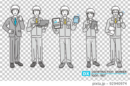 帶有平板電腦和個人電腦的工人和穿著 DX 促銷/建築/IT/物流的西裝的男人的矢量圖解材料 92940974