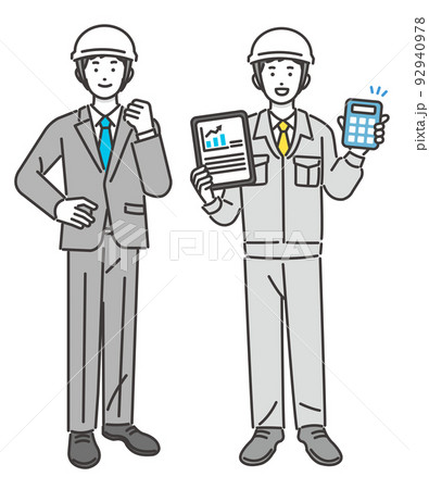 DX推進でタブレットやパソコンを持つ作業員やスーツ姿の男性のベクターイラスト素材／建築／IT／物流 92940978