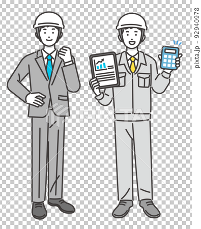DX推進でタブレットやパソコンを持つ作業員やスーツ姿の男性のベクターイラスト素材／建築／IT／物流 92940978