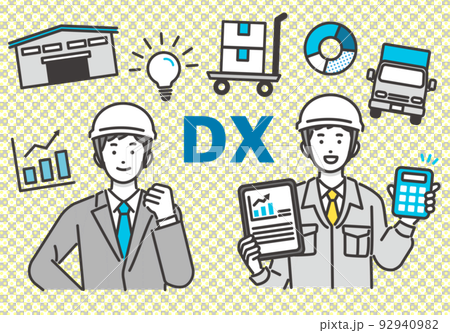 Workers with tablets and personal computers in DX promotion, men in suits and logistics icon vectors 92940982