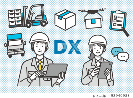 DX推進でタブレットやパソコンを持つ作業員と物流(ロジスティクス)のアイコンのベクターイラスト素材/ DX推進でタブレットやパソコンを持つ作業員と物流(ロジスティクス)のアイコンのベクターイラスト素材/ 92940983
