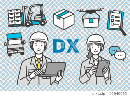帶有平板電腦和個人電腦的工人和物流圖標的矢量圖解，用於 DX 促銷/ 92940983