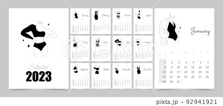 Calendar 2023 with abstract women bodies in one line style. Week starting on sunday. Flat minimal desk or wall picture design. Vector template 92941921