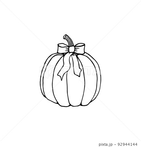 Hand drawn pumpkin with bow. Decor for autumn interior. Black outline isolated on white. Hand drawn pumpkin with bow. Decor for autumn interior. Black outline isolated on white. 92944144