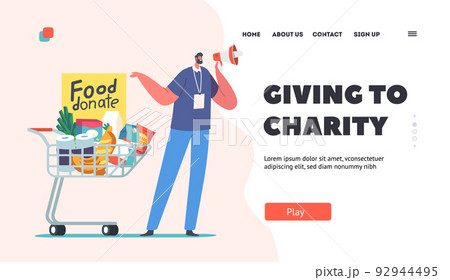 Giving to Charity Landing Page Template. Volunteer Character Collect Foodstuffs for Donation Box. Man with Shopping Cart 92944495