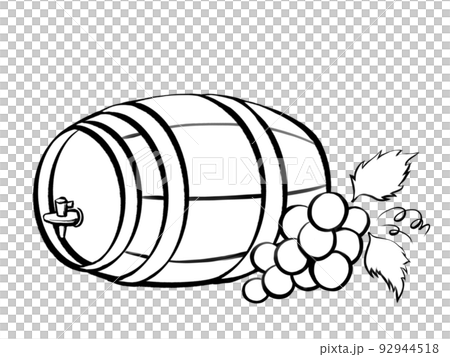 Simple line drawing illustration of a wine barrel and grapes 92944518