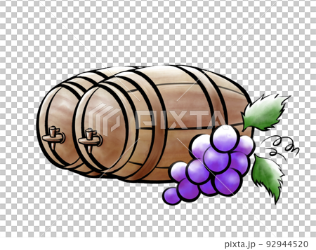 ワイン樽と葡萄の筆絵風水彩イラスト ワイン樽と葡萄の筆絵風水彩イラスト 92944520