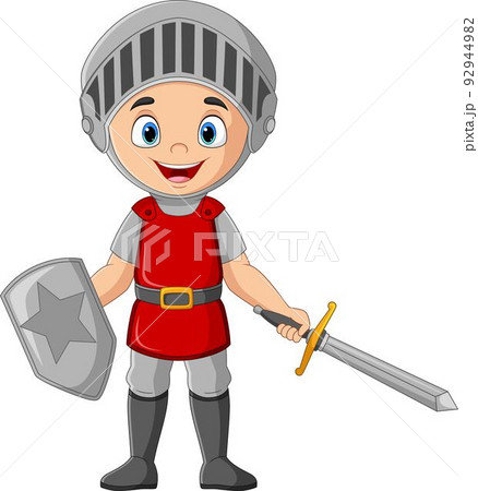 Cartoon knight holding a sword and shield 92944982