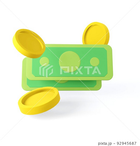 3d render floating coins and banknotes. Green american money in cartoon style. 92945687