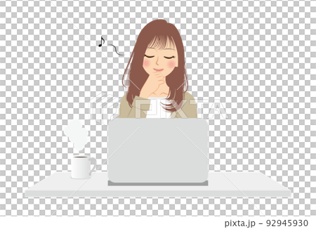 職業女性的插圖，上半身，米色西裝，棕色頭髮，PC 工作 92945930