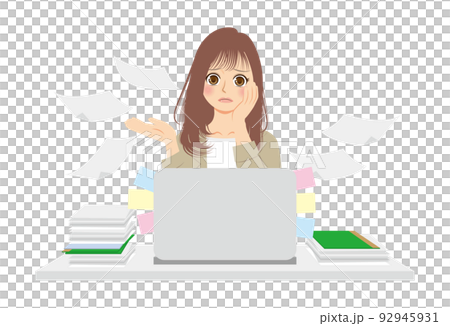 Illustration of a working woman, upper body, beige suit, brown hair, PC work 92945931
