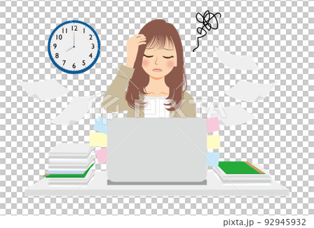 職業女性的插圖，上半身，米色西裝，棕色頭髮，PC 工作 92945932