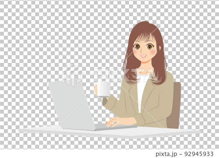 職業女性的插圖，上半身，米色西裝，棕色頭髮，PC 工作 92945933