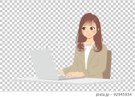 職業女性的插圖，上半身，米色西裝，棕色頭髮，PC 工作 92945934