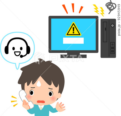 パソコンが壊れ問い合わせの電話をかける男性 パソコンが壊れ問い合わせの電話をかける男性 92945949