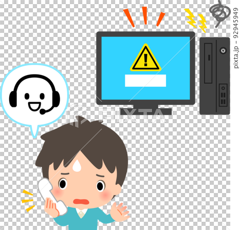 パソコンが壊れ問い合わせの電話をかける男性 パソコンが壊れ問い合わせの電話をかける男性 92945949