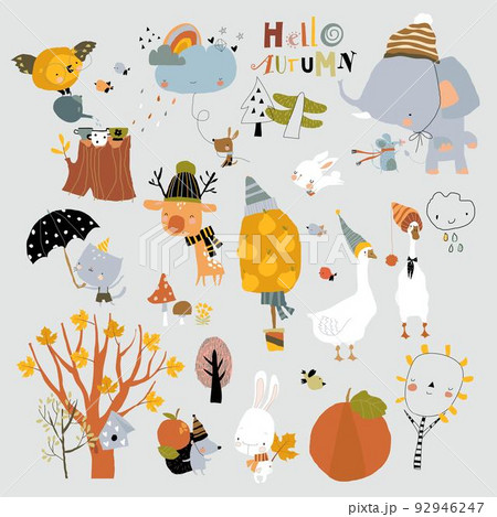 Cartoon Autumn Set with Funny Animals and Trees 92946247