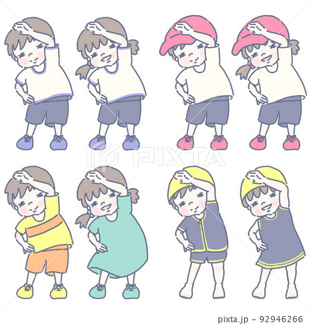 ラジオ体操をする男の子と女の子 (体操服)(体操服に赤白帽子)(Tシャツとワンピース)(水着) 92946266