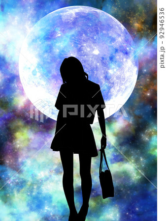 星空と満月と女の子のシルエットのイラストのイラスト素材