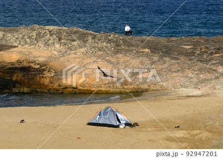 Sandy beach on the Mediterranean Sea in northern Israel. 92947201