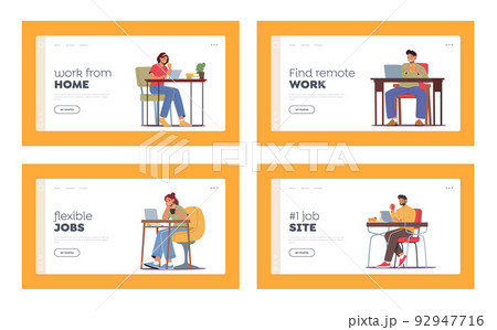Freelance Landing Page Template Set. Freelancers Working from Home on Pc and Drink Coffee. Outsourced Workers Occupation 92947716
