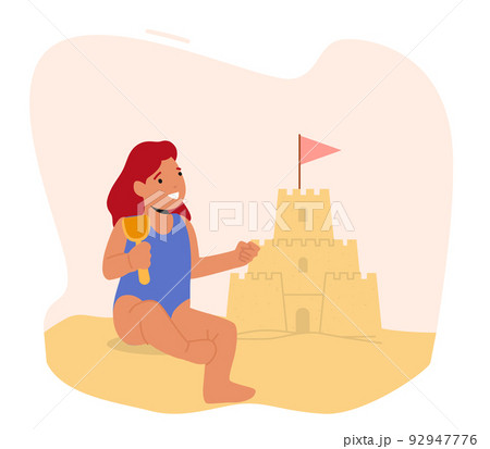 Happy Baby Girl Playing on Beach Building Sand Castle. Kid Outdoor Recreation, Summer Activities, Leisure on Sea Resort 92947776