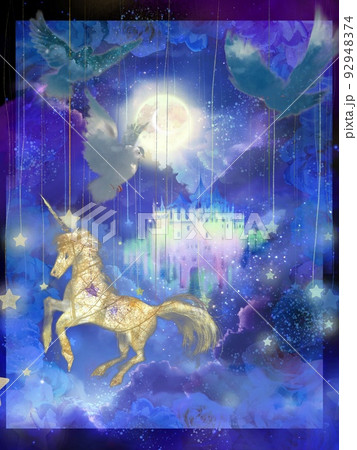 雲の上を飛び回る鳩とユニコーンと虹色のお城が聳え立つ御伽噺の挿絵風イラスト 雲の上を飛び回る鳩とユニコーンと虹色のお城が聳え立つ御伽噺の挿絵風イラスト 92948374