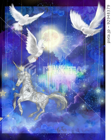 雲の上を飛び回る鳩とユニコーンと虹色のお城が聳え立つ御伽噺の挿絵風イラスト 92948379