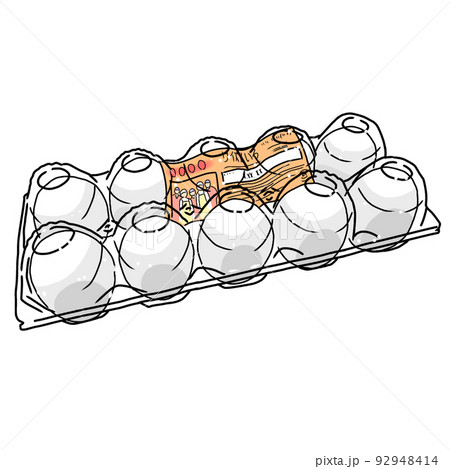 食材カラーイラスト:卵(白、鶏卵、店頭販売用パック入り、10個)背景なし、漫画アニメ塗り 食材カラーイラスト:卵(白、鶏卵、店頭販売用パック入り、10個)背景なし、漫画アニメ塗り 92948414