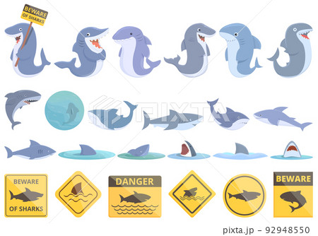 Beware the sharks icons set cartoon vector. Animal angry. Shark surf Beware the sharks icons set cartoon vector. Animal angry. Shark surf 92948550