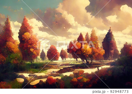 Autumn Forest During A Sunet, Leaves Fallen To... - 스톡일러스트 [92948773] -  Pixta