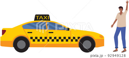 Young man hailing taxi cab. Guy trying to catch taxi car in sity street. Urban transport service 92949128