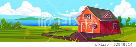 Summer rural scene with field, farm barn and river 92949514