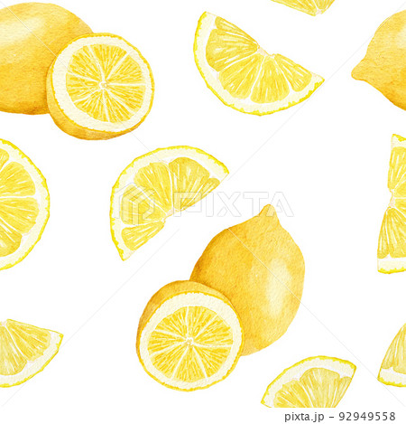 Watercolor hand drawn seamless pattern with lemon citrus fruit. Summer bright organic sweet tasty food botanic print. Harvest tree ornament textile. 92949558