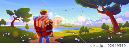 Rural scene with hiker man on road, river, fields 92949559